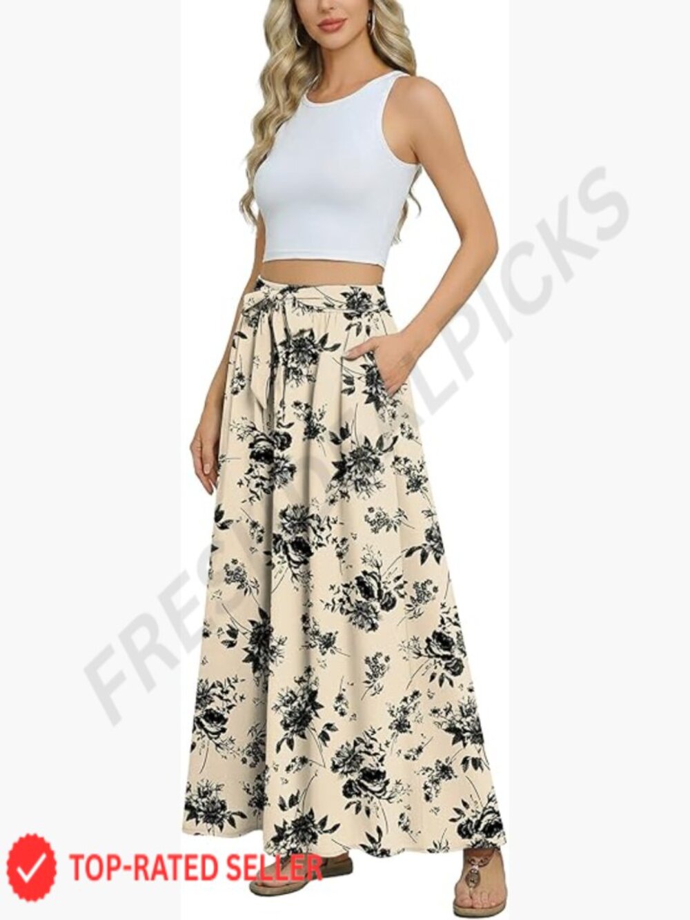 Maxi Skirt Flowy High Waisted Tie Knot Boho Beach Summer Long Skirt with Pockets